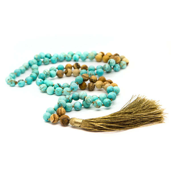 TURQUOISE AND JASPER TASSEL MALA| TURQUOISE TASSEL MALA| Jasper tassel Mala