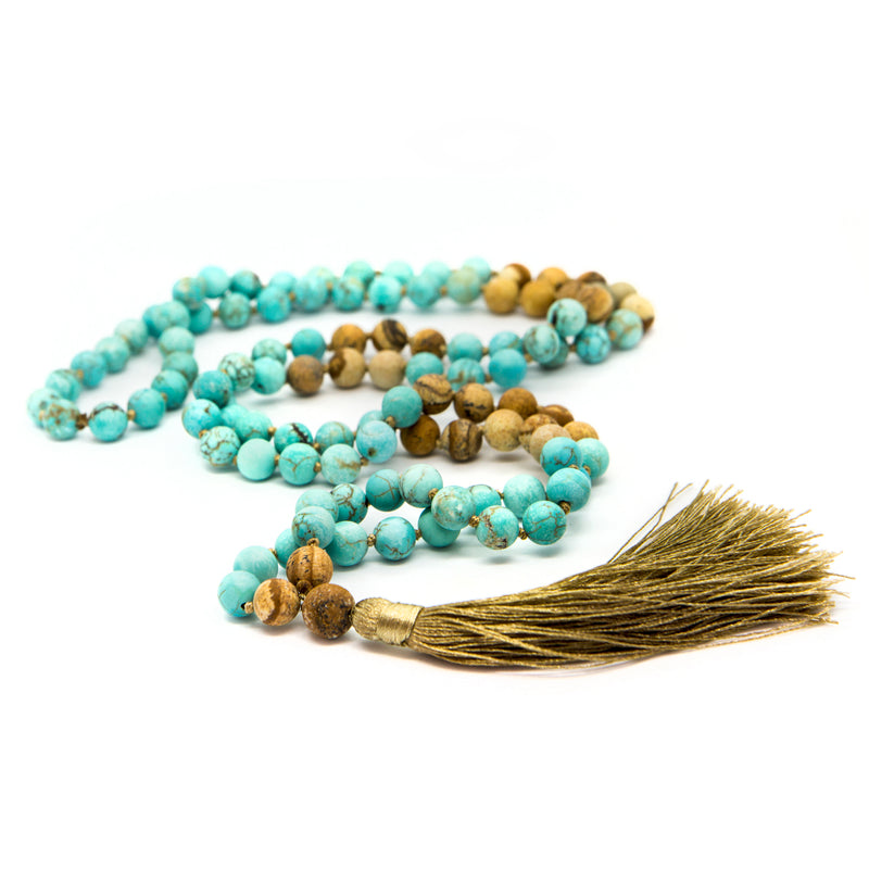 TURQUOISE AND JASPER TASSEL MALA| TURQUOISE TASSEL MALA| Jasper tassel Mala